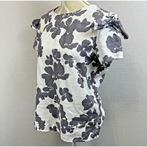 ROBERT KITCHEN Linen Floral Blouse Womens M Short Sleeve‎ Floral Gray White